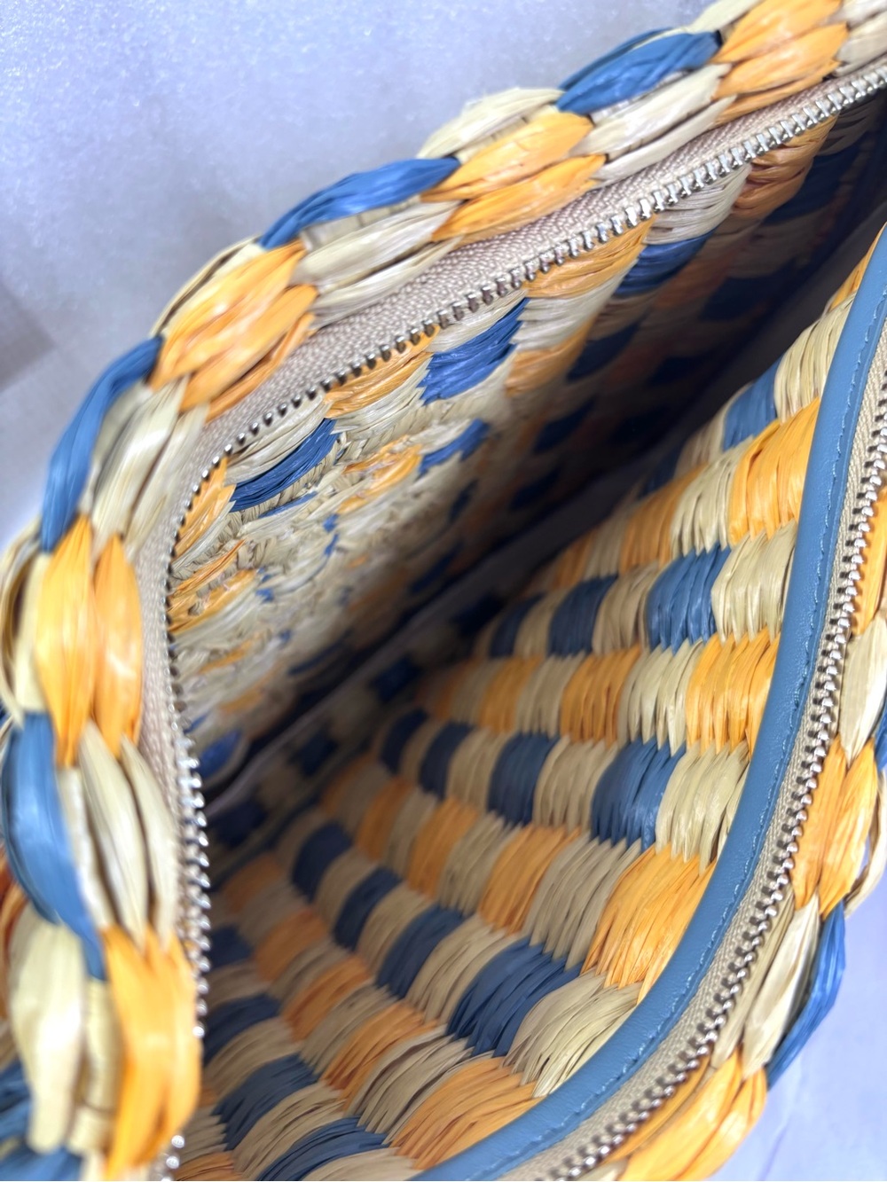 Tory Burch Ella Raffia Pouch. Deep Turquoise. - Picture 14 of 15